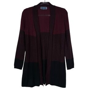 Karen Scott Sweater Womens Small Maroon Black Open Front Long Cardigan Knit